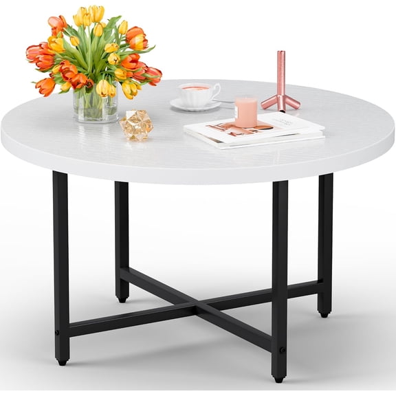 Round Coffee Table, Small Coffee Tables for Living Room, Low Wood Coffee Table with Metal Frame, Floor Table Desk for Sitting on The Floor, Home, Office, White(23.6" D x 17.7" H)
