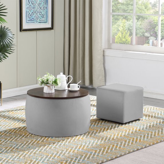 Round Coffee Table with Square Ottoman, 2-in-1 Combination Ottoman Set with Inner Storage Space and Removable Wood Cap, Modern Sofa Table with Footstool Chair for Living Room, Gray