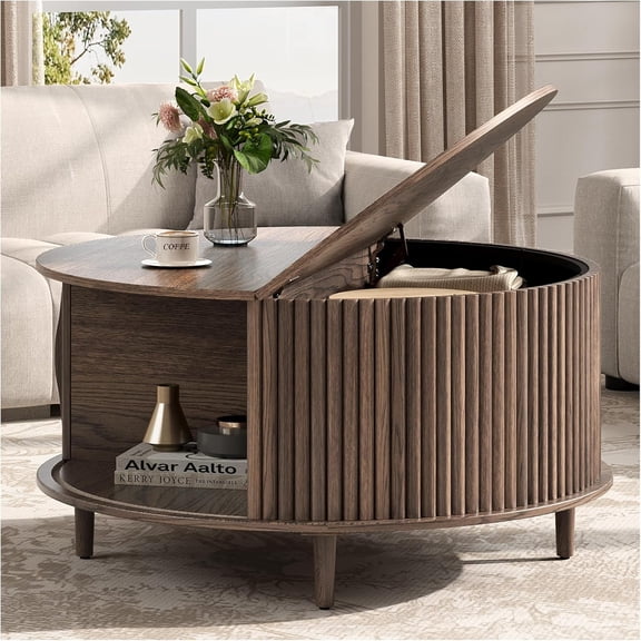 Round Coffee Table with Storage, 31.5" Fluted Center Table for Living Room, Modern Walnut Wood Circle Drum Table with Sliding Cabinet Door, Mid Century Furniture for Small Space