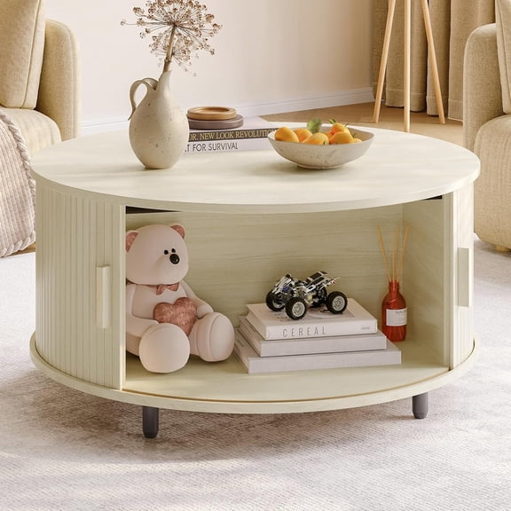 Round Coffee Table with Storage, 31.5" Modern Coffee Table with 360? Curved Sliding Door, Fluted Coffee Table with Adjustable Footpads, Round Center Table for Living Room, White