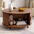 thumbnail image 1 of Round Coffee Table with Storage, 31.5" Modern Coffee Table with 360° Curved Sliding Door, Fluted Wood Accent Coffee Table with Adjustable Footpads, Round Center Table for Living Room, Walnut, 1 of 7