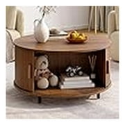 Round Coffee Table with Storage, 31.5" Modern Coffee Table with 360° Curved Sliding Door, Fluted Wood Accent Coffee Table with Adjustable Footpads, Round Center Table for Living Room, Walnut