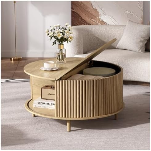 Round Coffee Table with Storage, 31.5" Oak Wood Drum Table, Fluted Circle Center Table for Living Room, Modern Mid Century Furniture with Sliding Door$$Furniture