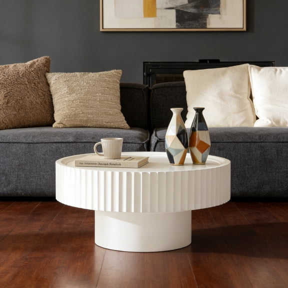 Round Coffee Table with Storage, 31.8 Fluted Drum Modern Living Room Table, Circle Wood Center Table, Accent Mushroom Shape Coffee Table for Living Room, Apartment, White, 31.8" L x 13.7" H