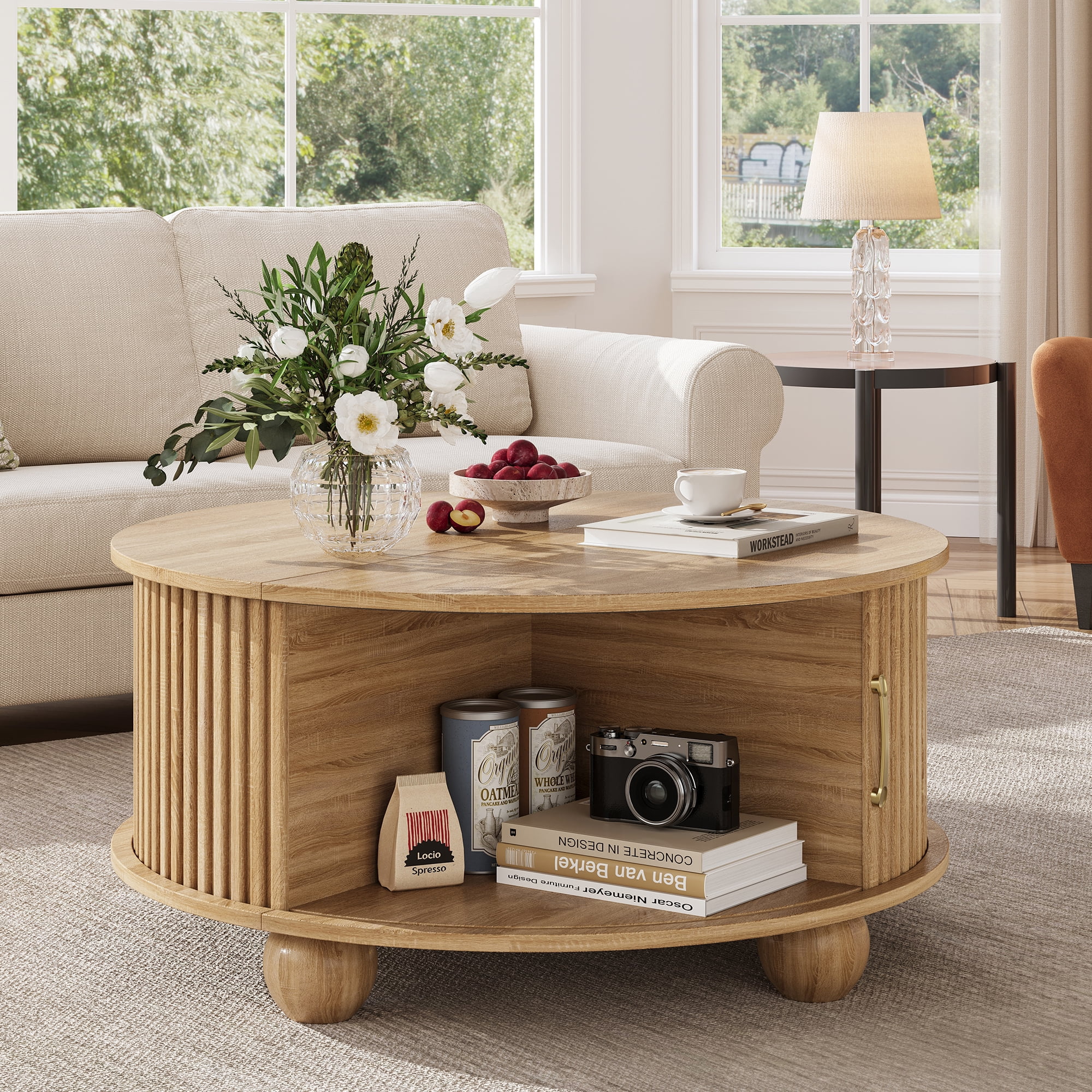 Round Coffee Table with Storage, Accent Fluted Drum Coffee Table with Sliding Door, Mid Century Modern Table for Living Room, Farmhouse Coffee Table for Small Space