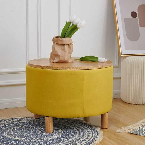 Round Coffee Table with Storage for Bedroom Living Room Round Ottoman as a Foot Rest Multi-Function High-Capacity Cotton and Linen Fabric Natural Color Desktop Natural Color Feet