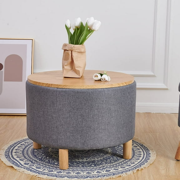 Round Coffee Table with Storage for Bedroom Living Room Round Ottoman as a Foot Rest Multi-Function High-Capacity Cotton and Linen Fabric Natural Color Desktop Natural Color Feet