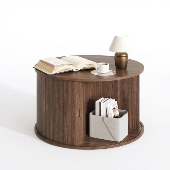 Round Coffee Table with Storage, Fluted Panel Design Coffee Table with Curved Sliding Door and Open Display Shelf, Modern Wooden End Table for Living Room, Small Space