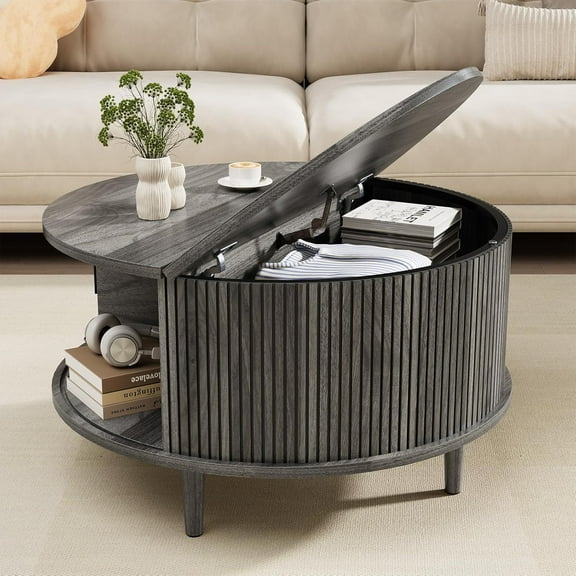 Round Coffee Table with Storage, Mid Century Modern Coffee Table, Fluted Dining Table with Sliding Door, Circle Coffee Table for Living Room Home Office, 31.5", Gray