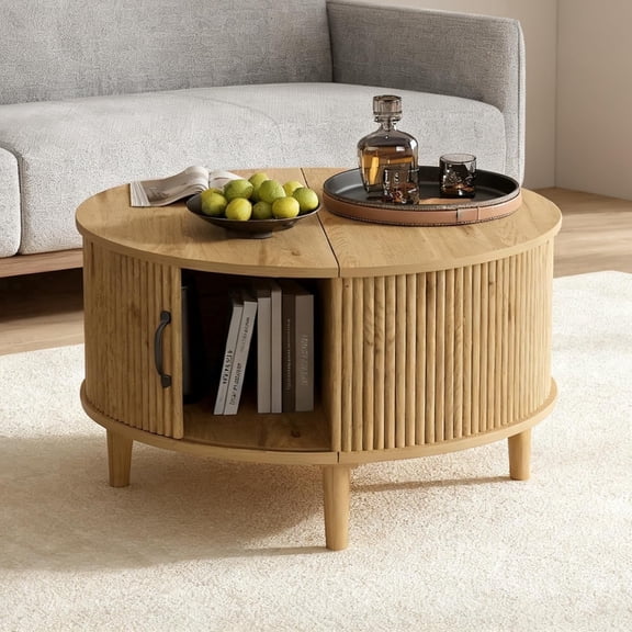 Round Storage Coffee Table, Mid-Century Modern Fluted Center Table with Flip-Up Panel & Sliding Cabinet Door, Oak for Small Living Room