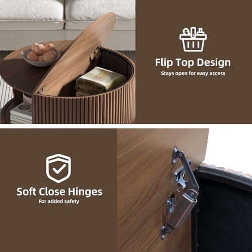 Round Coffee Table with Storage,Mid Century Modern Dining Table with Sliding Cabinet Door for Living Room,Home Small Space,31.5" Small Center Table,Walnut