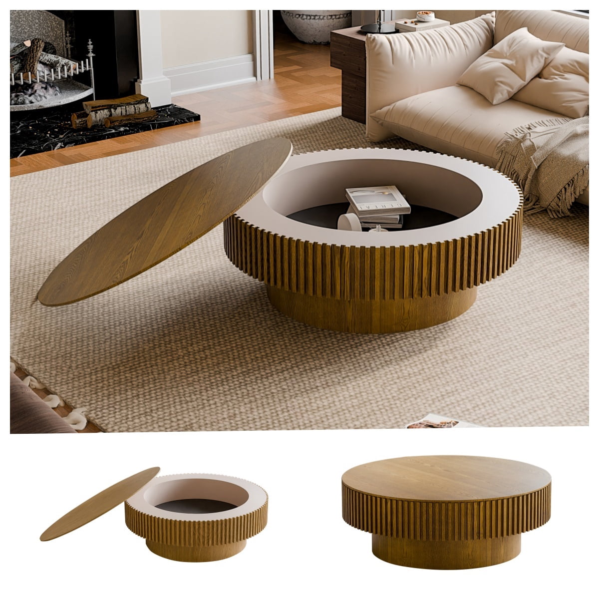 Round Coffee Table with Storage, Mid-Century Modern Solid Wood Center Table for Living Room, 39.37'' Large Circle Wooden Accent Table for Living Room, Bedroom, Apartment or Office
