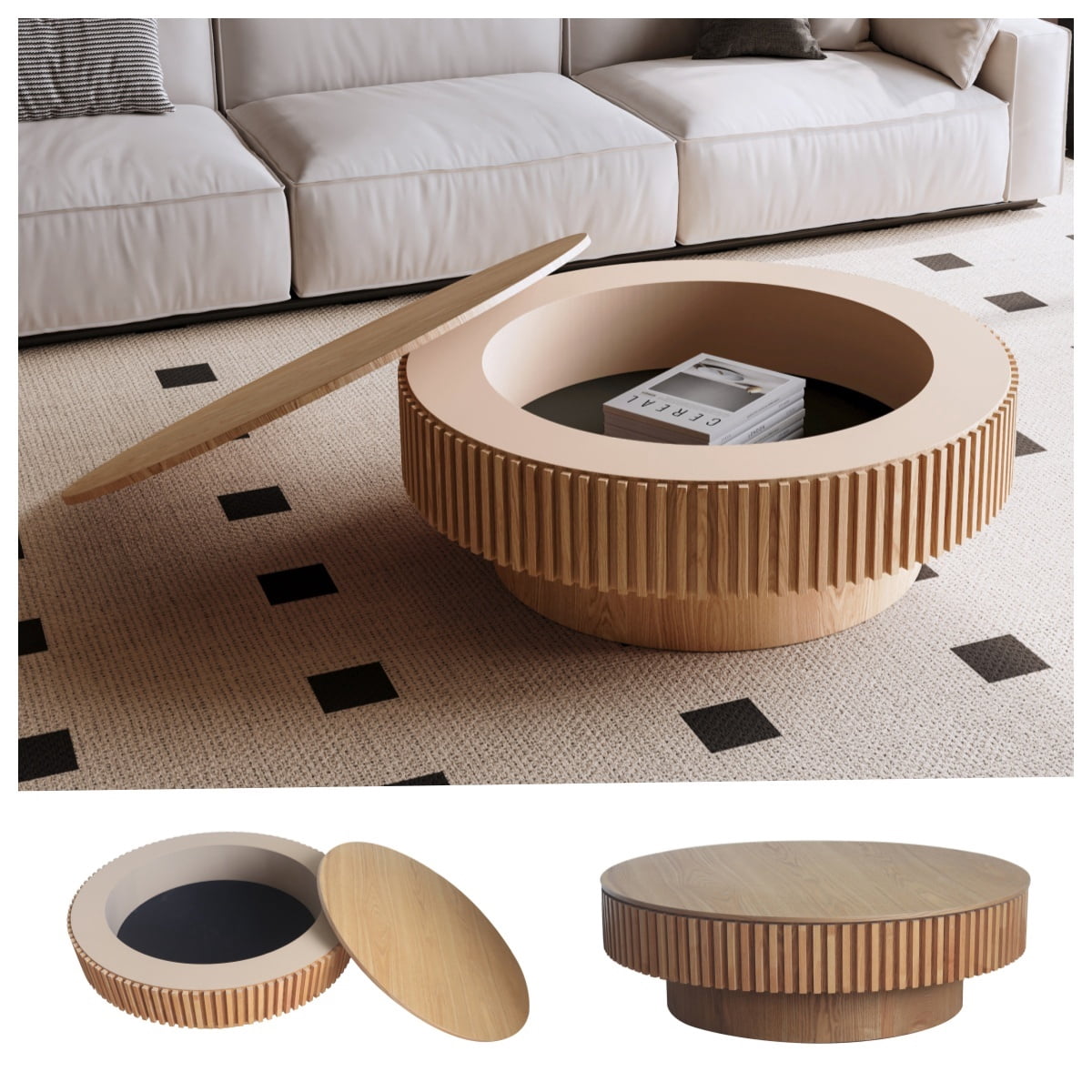 Round Coffee Table with Storage, Mid-Century Modern Solid Wood Center Table for Living Room, 39.37'' Large Circle Wooden Accent Table for Living Room, Bedroom, Apartment or Office