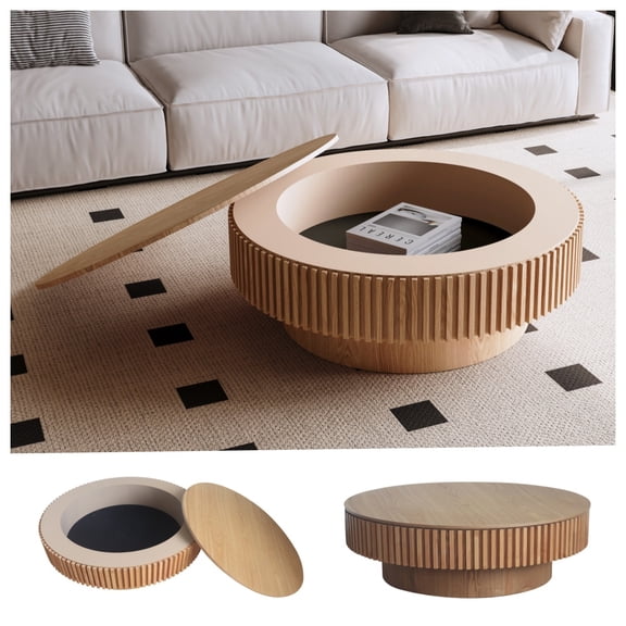 Round Coffee Table with Storage, Mid-Century Modern Solid Wood Center Table for Living Room, 39.37'' Large Circle Wooden Accent Table for Living Room, Bedroom, Apartment or Office