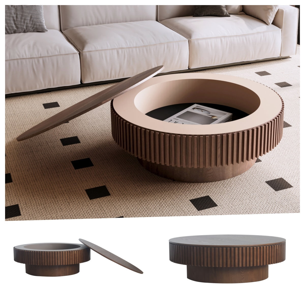 Round Coffee Table with Storage, Mid-Century Modern Solid Wood Center Table for Living Room, 39.37'' Large Circle Wooden Accent Table for Living Room, Bedroom, Apartment or Office