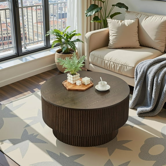 Round Coffee Table with Storage, Modern Wooden Coffee Table with Solid Wood Veneered, 31.5" Small Circle Center Table,Tea Table for Living Room,Home Small Space