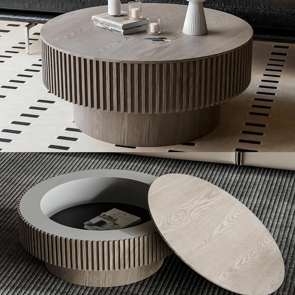 YWEN 31.5''Round Coffee Table with Storage, Modern Luxury Circle Drum Center Tables with Solid Wood Veneered, Accent Side Coffee Table for Living Room, Bedroom, Apartment