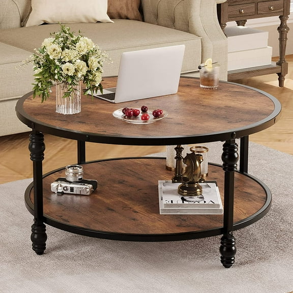 Round Coffee Table with Storage,Rustic Wtyle Solid Wood Coffee Table with Sturdy Metal Legs,Easy to Assemble,Wooden Round Center Table Living Room Furniture