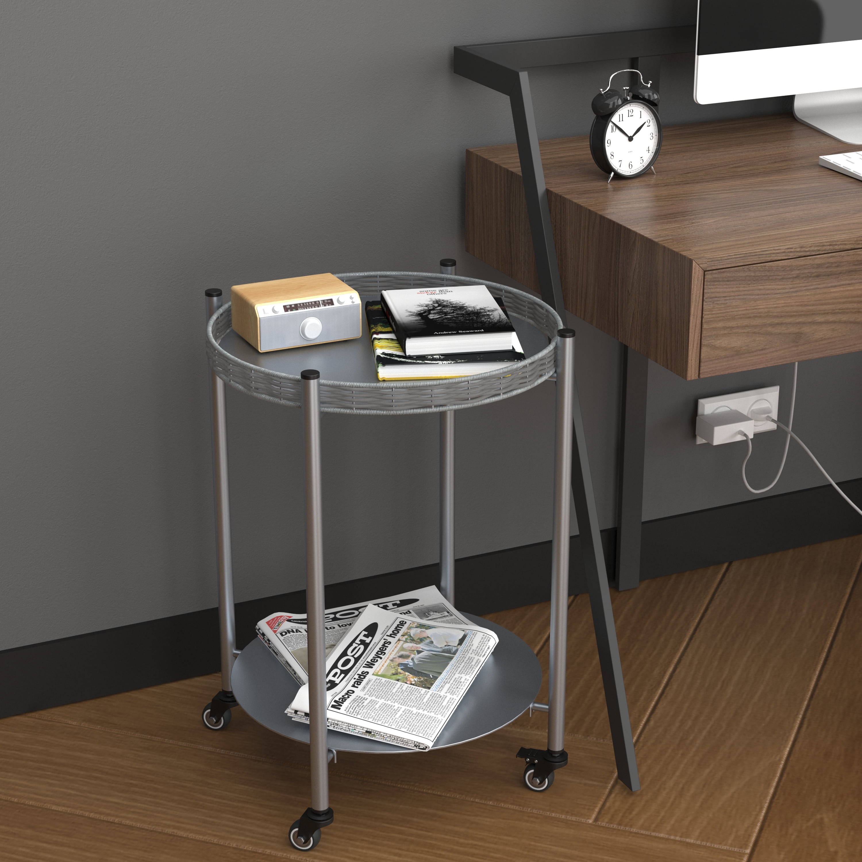 Round Coffee Table with Wheels 2-Tier Movable Side Tables Silver Metal ...