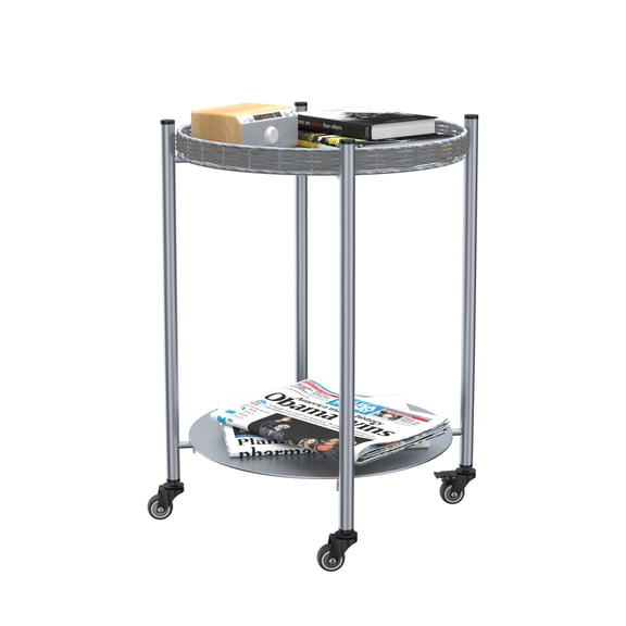 Round Coffee Table with Wheels 2-Tier Movable Side Tables Silver Metal Detachable Bedside Nightstand for Bedroom Living Room End Tables Next To Sofa (Silver Gray)