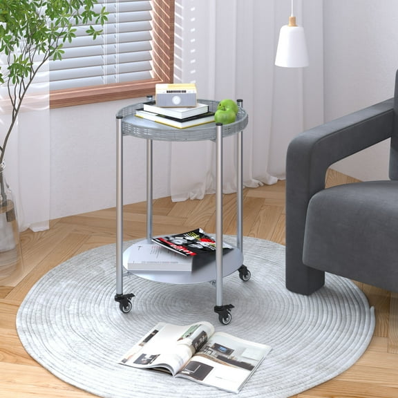 Round Coffee Table with Wheels, 2-Tier Movable Side Tables, Silver Metal Detachable Bedside Nightstand for Bedroom, Living Room, Space-Saving, Silver Gray
