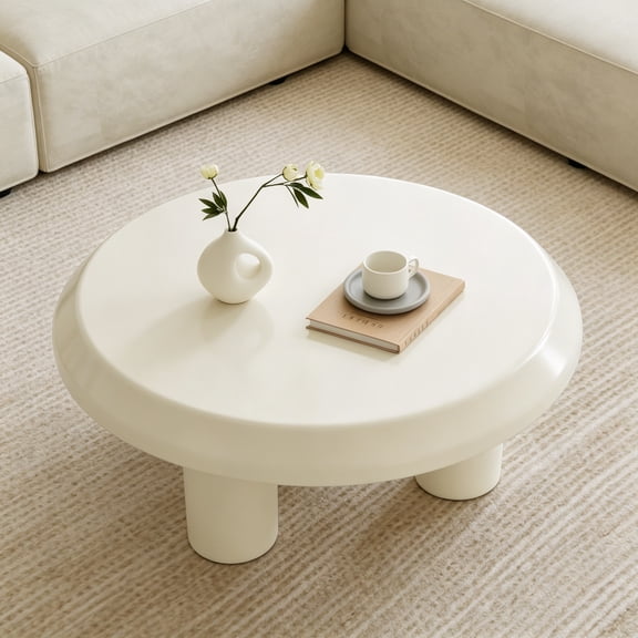 Round Coffee Table, White Cream Modern Center Table, Side Table for Living Room, Bedroom, Home Office, Small Space