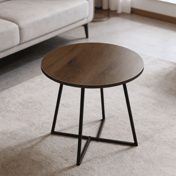 Round Coffee Table with Wood Top & Metal Frame, Modern Industrial Accent Table for Living Room, Small Space Sofa Table, Sturdy & Easy Assembly, Versatile End Table Nightstand for Bedroom Office
