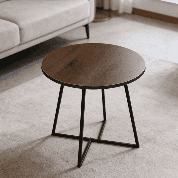 Round Coffee Table with Wood Top & Metal Frame, Modern Industrial Accent Table for Living Room, Small Space Sofa Table, Sturdy & Easy Assembly, Versatile End Table Nightstand for Bedroom Office