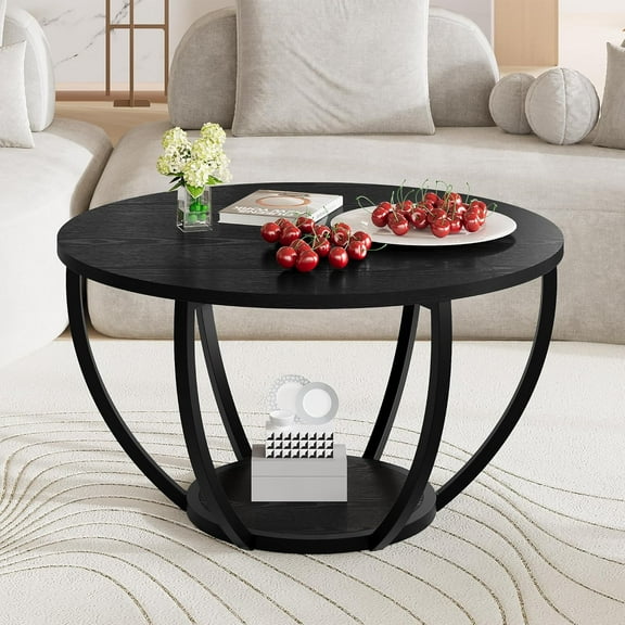 Round Coffee Table,Wooden 2-Tier Circle Coffee Tables with Storage Shelves,Accent Center Table for Living Room, Sofa Table for Home Office, Black