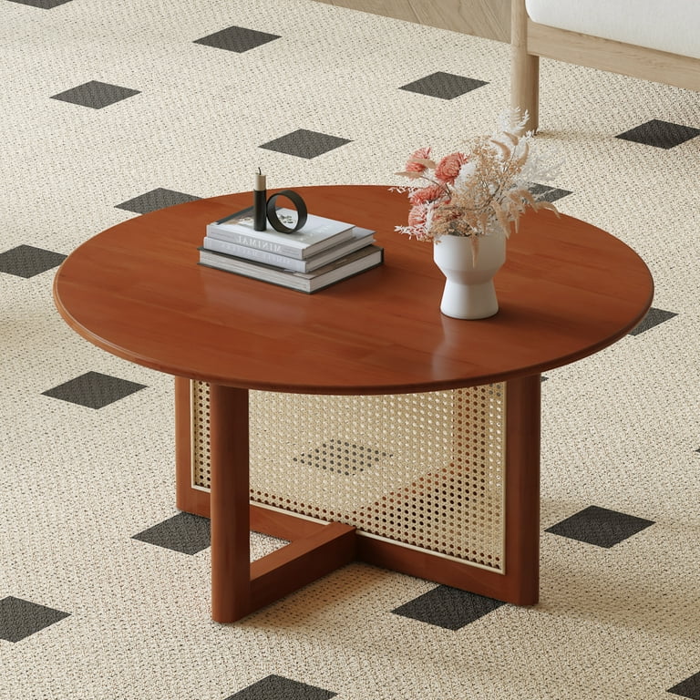 Round Coffee Table Wooden Rattan Tea Table with Waterpoof Desktop Sofa Side Table for Home Office Living Room Easy to Clean Red