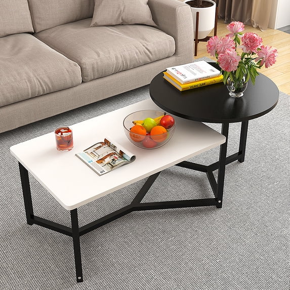 Round Coffee Table and Rectangular Unique Coffee Table Sets, 2 in 1 Cute Coffee Tables for Living Room, Black and White