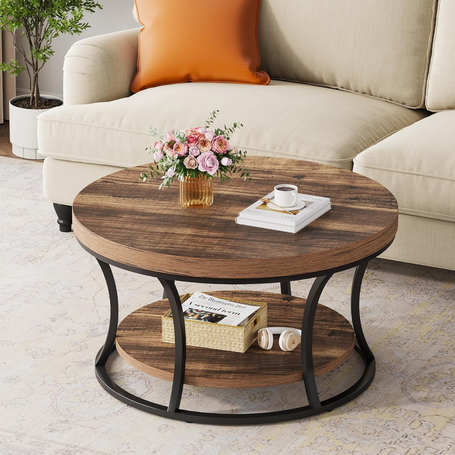 Round Coffee Table for Living Room, 2-Tier Circle Coffee Table with ...