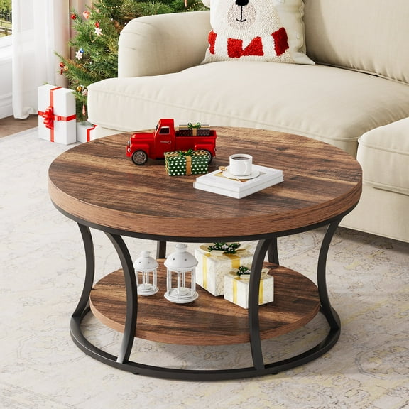 Round Coffee Table for Living Room, 2-Tier Circle Coffee Table with Storage, Accent Center Table Modern Design, Rustic Brown and Black