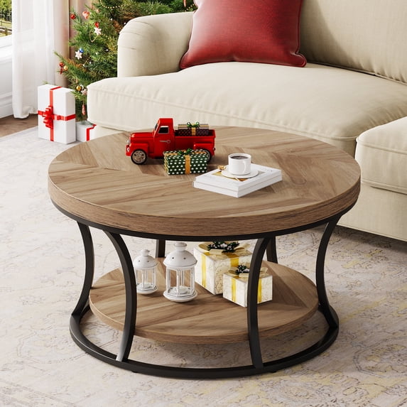 Round Coffee Table for Living Room, 2-Tier Circle Coffee Table with Storage, Accent Center Table Modern Design, Wooden Grain and Black