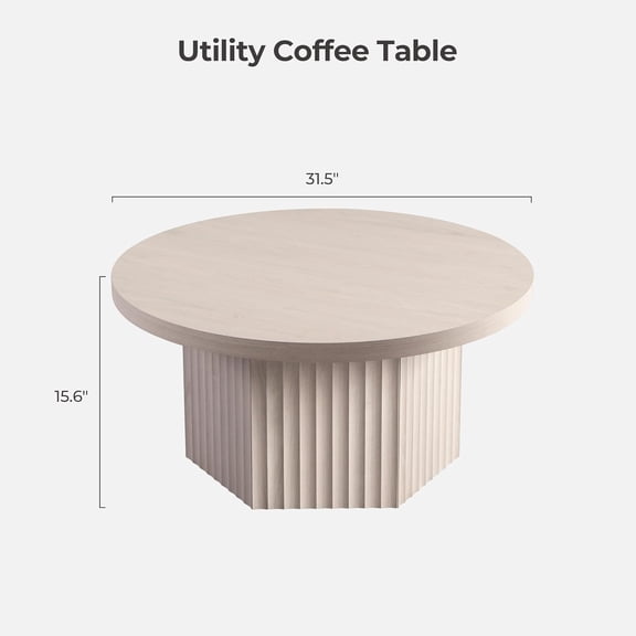 Round Coffee Table for Living Room, 32 Circle Modern Fluted Center with Storage, Mid Accent Tea Dining Table for Small Space, Apartment, White Alder