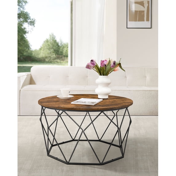 Round Coffee Table for Living Room, Cage Cocktail Table with Steel Frame 31.5 Inches Dia. Industrial Style Rustic Brown and Black
