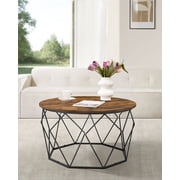 Round Coffee Table for Living Room, Cage Cocktail Table with Steel Frame 31.5 Inches Dia. Industrial Style Rustic Brown and Black