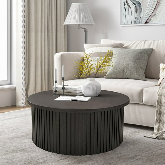 Round Coffee Table for Living Room, Farmhouse Lift Top Coffee Table, Fluted Center Table with Storage (Black)