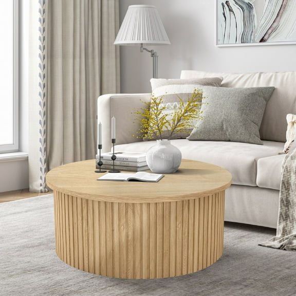 Round Coffee Table for Living Room, Farmhouse Lift Top Coffee Table, Fluted Center Table with Storage (Wood)
