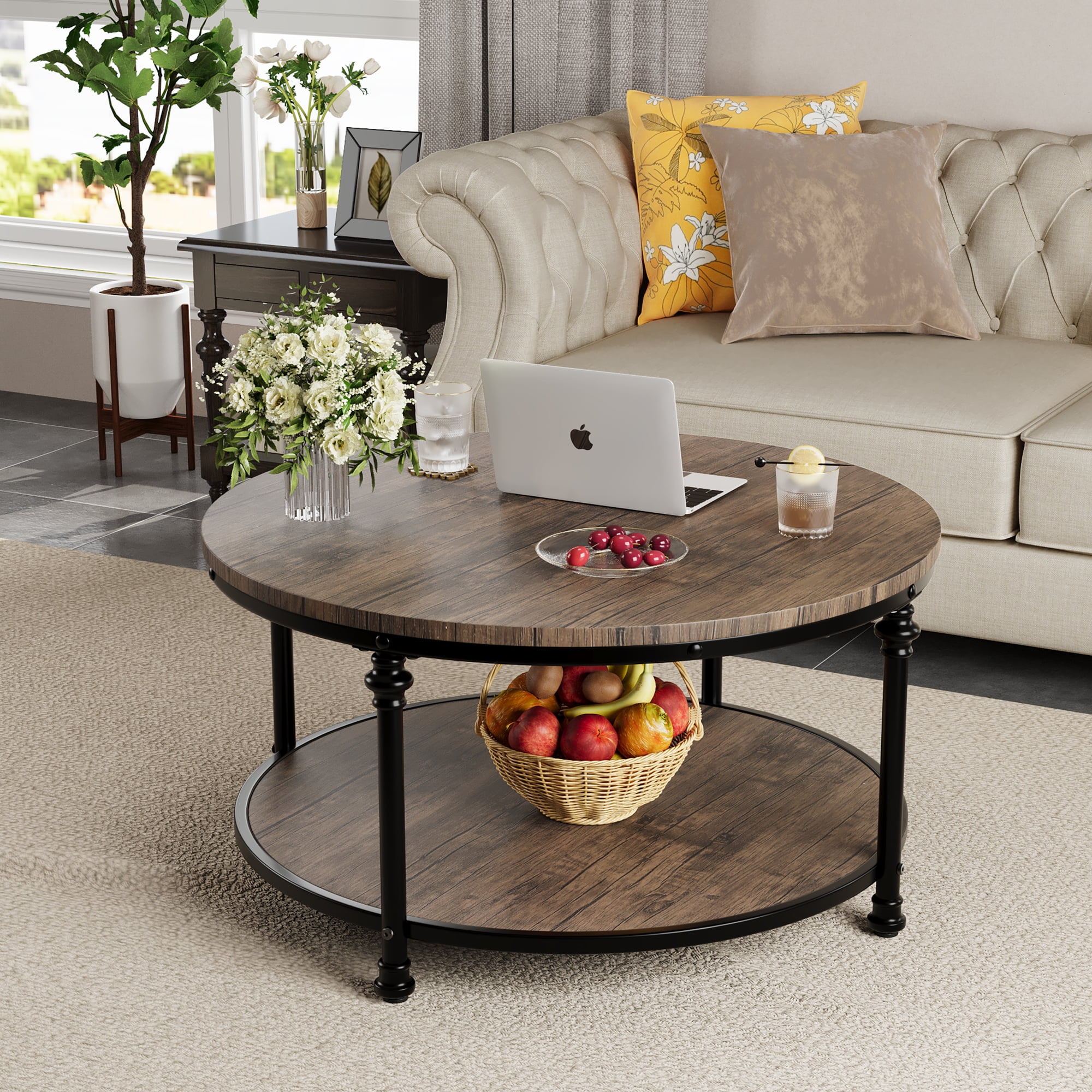 Round Coffee Table for Living Room Rustic Center Table with Storage