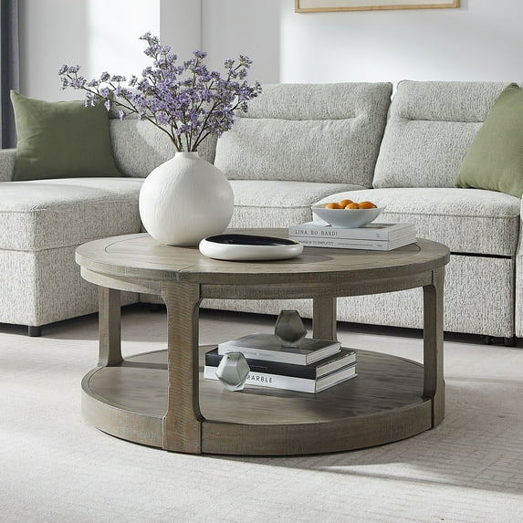 Round Coffee Table on Wheels, 40" Wooden 2-Tier Circle Coffee Table with Storage Shelves, Modern Accent Center Table for Living Room, Light Brown