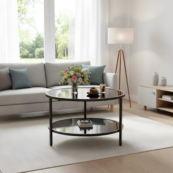Round Coffee Table with 2-Tier Tempered Glass Shelves - Modern Living Room Table