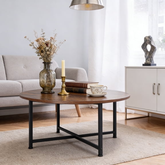 Round Coffee Table with 32 Inch Rustic Wooden Surface Top and Sturdy Metal Legs, Industrial Cocktail Table for Living Room, Rustic Brown