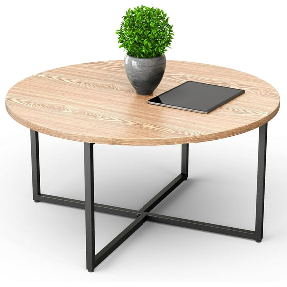 Round Coffee Table with Cross Wood Legs Small Center Low Table