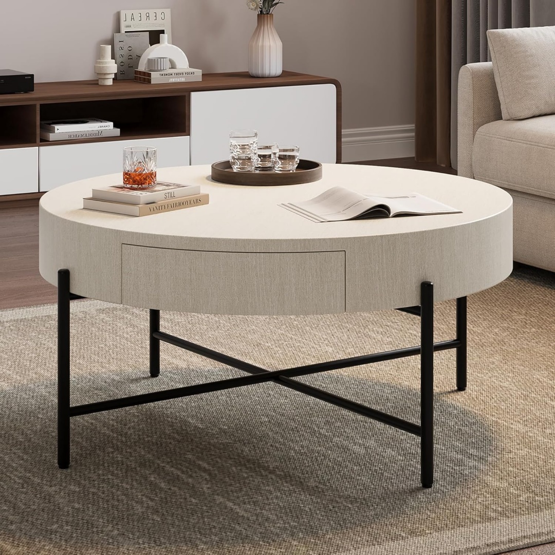 Round Coffee Table with Drawers Circle Living Room Table Wood Accent ...