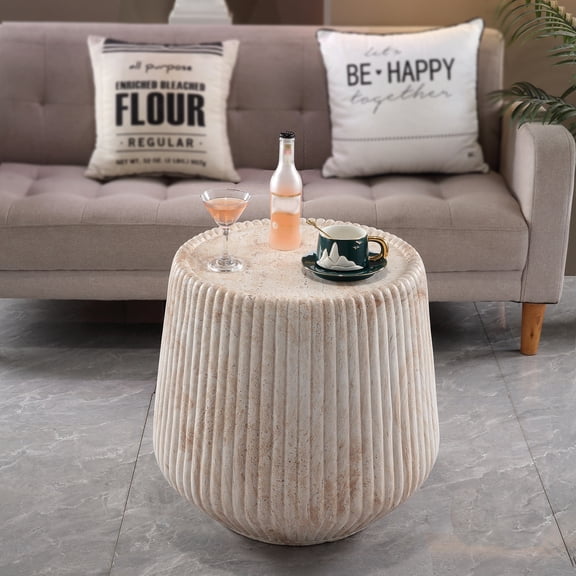 Round Coffee Table with Fluted Drum Design, Faux Travertine Accent Side Table for Living Room Patio Balcony, 19.69 x 19.69 x 19.69in, Beige & Yellow