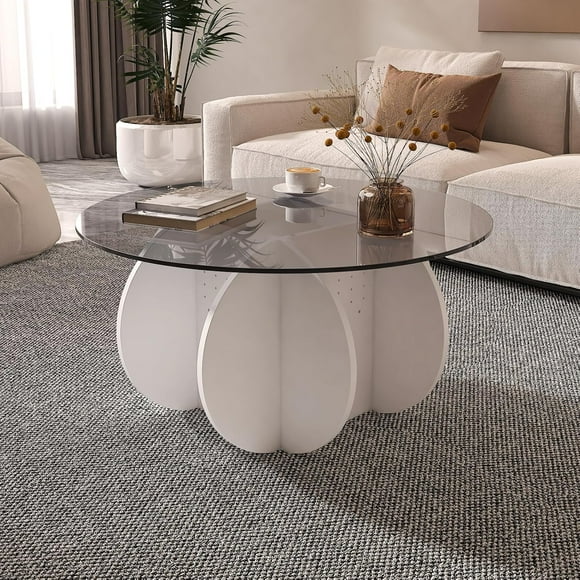 Round Coffee Table with Glass Top,Center Table with Storage for Living Room,Small Spaces, Office, and Lounge,32" White and Grey Glass Coffee Table