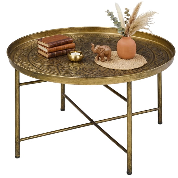 Round Coffee Table with Hammered Tray Top, 24-Inch Metal Center Table for Living Room or Bedroom