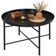 Round Coffee Table with Hammered Tray Top, 26-Inch Metal Center Table for Living Room or Bedroom
