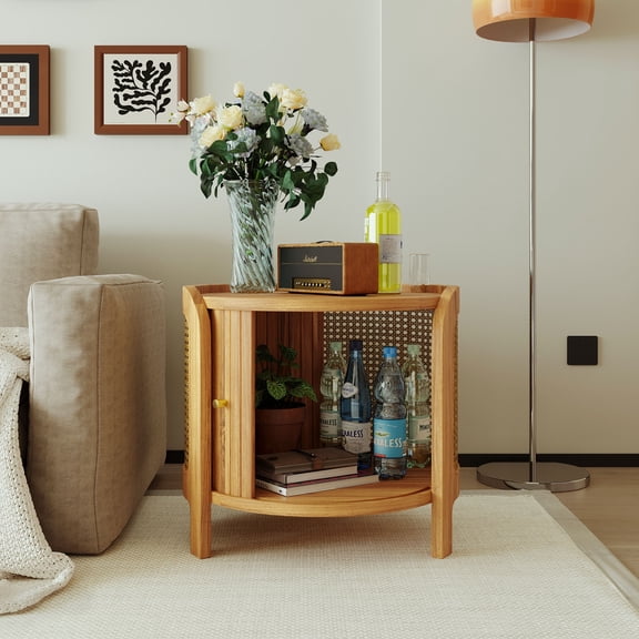 Round Coffee Table with Rattan Accents and Hidden Storage, 19.7-Inch Modern Rotating Side Table for Living Room, Antique Brown
